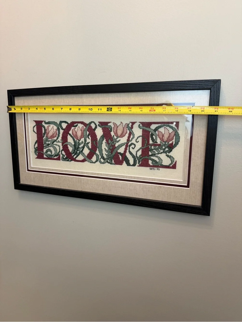 Black Framed Floral Cross-Stitch Wall Art - Neutral and Burgundy Accents